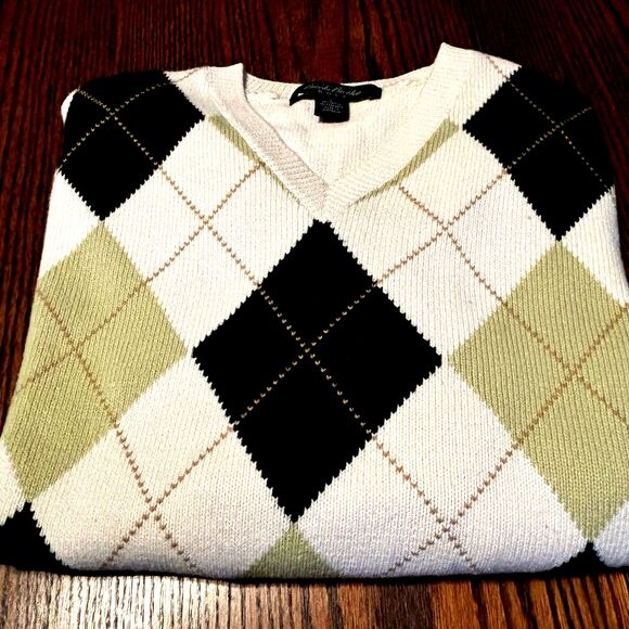Brooks Brothers Sweater Men's L Cream/Green Argyle V Neck Golf Cotton Cashmere - Picture 11 of 11